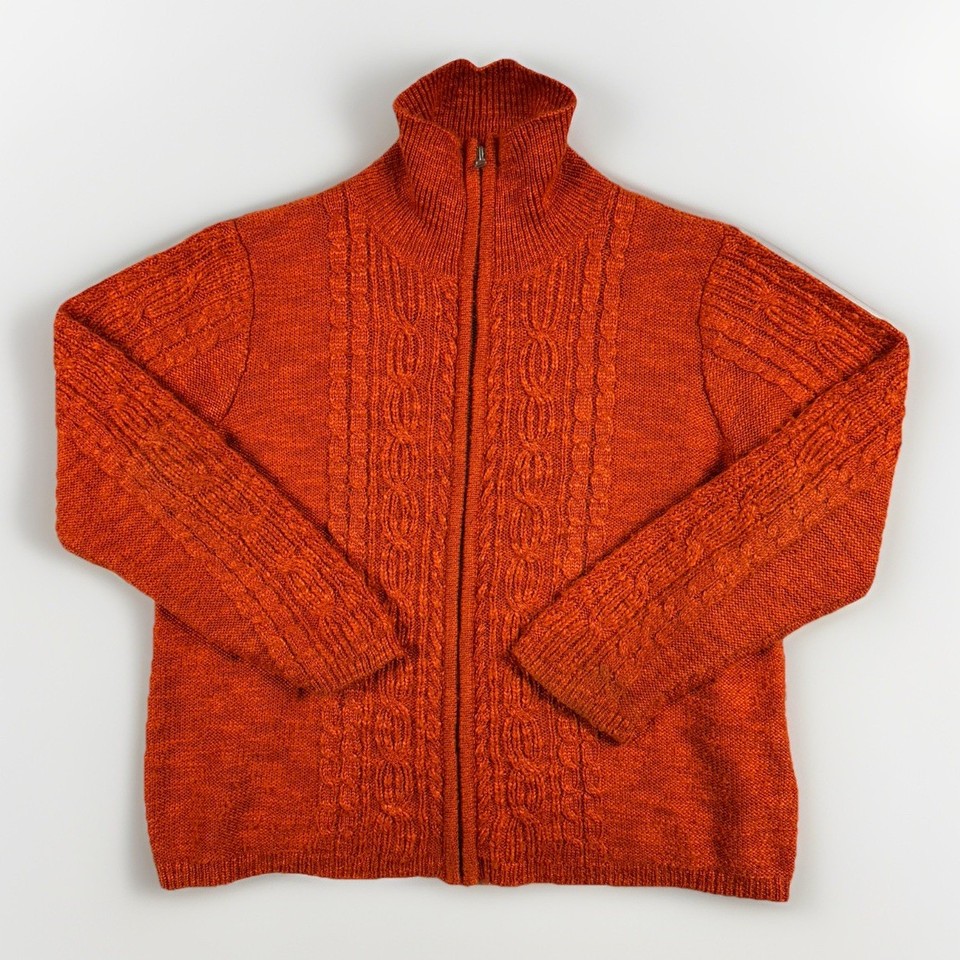 VTG 90's Gordon Smith Full Zip Cable Knit Jumper Women's L Orange Mohair Blended