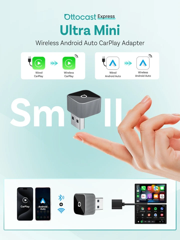Adaptador 2 en 1 Ottocast MINI Silm Inalámbrico Android Auto/CarPlay USB Plug&Play GPS Foto 3 de 4