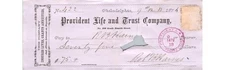 1876 Provident Life & Trust Co Check Philadelphia R.B. Hain Banking History