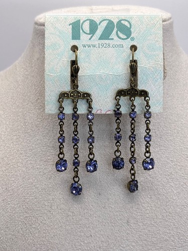 1928 Vintage Antique Style Gold Tone Chandelier Dangle Earrings Lavender Stones - Picture 2 of 5