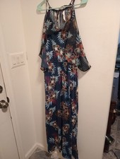 NY Collection Bell Sleeve Cold Shoulder Ruffle Maxi Dress Floral Blue Red L