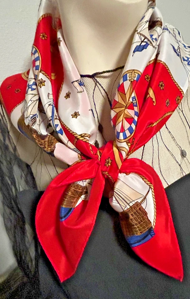 Cuadrado mediano vintage de 30 pulgadas Bufanda Patrón Náutico Rojo, Azul y Blanco - Gancho JG Foto 2 de 4