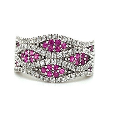 Le Vian 14K Weißgold Passion Rubin & Pavé Diamant 4 Wellen Reihe Breit Cocktail Band