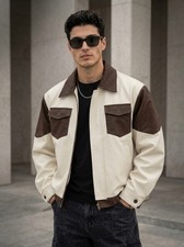 Mens Retro Western Leather Varsity Jacket Two Tone Cream Brown Bomber Jacket