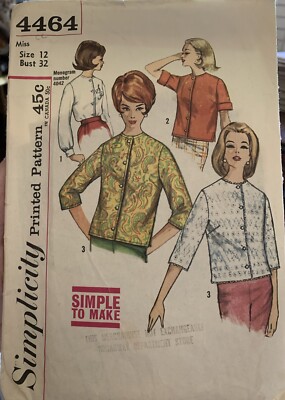 Simplicity 1960s Sewing Pattern 4464 Simple to Make Button Front Blouse size 12