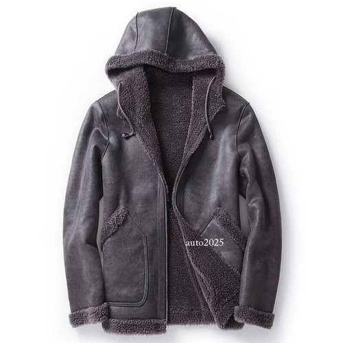 Winter Men's Suede Leather Jacket Alpaca Shearling Outwear Hooded Reversible New - Picture 16 of 19