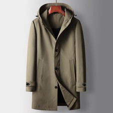 Men Hooded Trench Coat Single Breasted Overcoat Windbreaker Jacket Outwear Tops