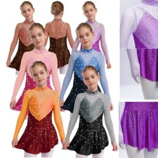 Kids Girls Dresses Figure Skating Skirt Dance Dancewear Modern Mock Neck Latin