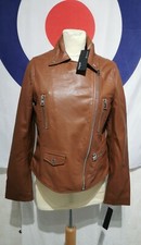 Bnwt Womens M&s Autograph Quilted Leather Biker Jacket Copper/tan Uk10 (h6)