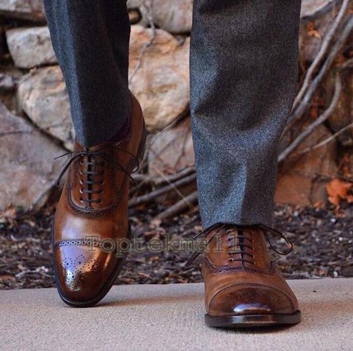 Handmade Men's Leather Oxfords Wingtip 