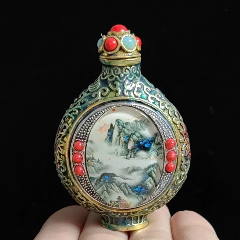 Botella de tabaco antigua china de bronce con incrustación a mano joyería pintura paisaje 3,2 pulgadas Foto 3 de 4
