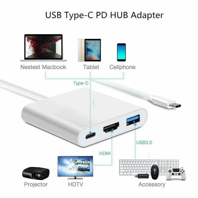 Type C USB 3.1 to USB-C 4K HDMI USB 3.0 Adapter Cable 3 in 1 Hub for Macbook Pro - Image 2 of 4