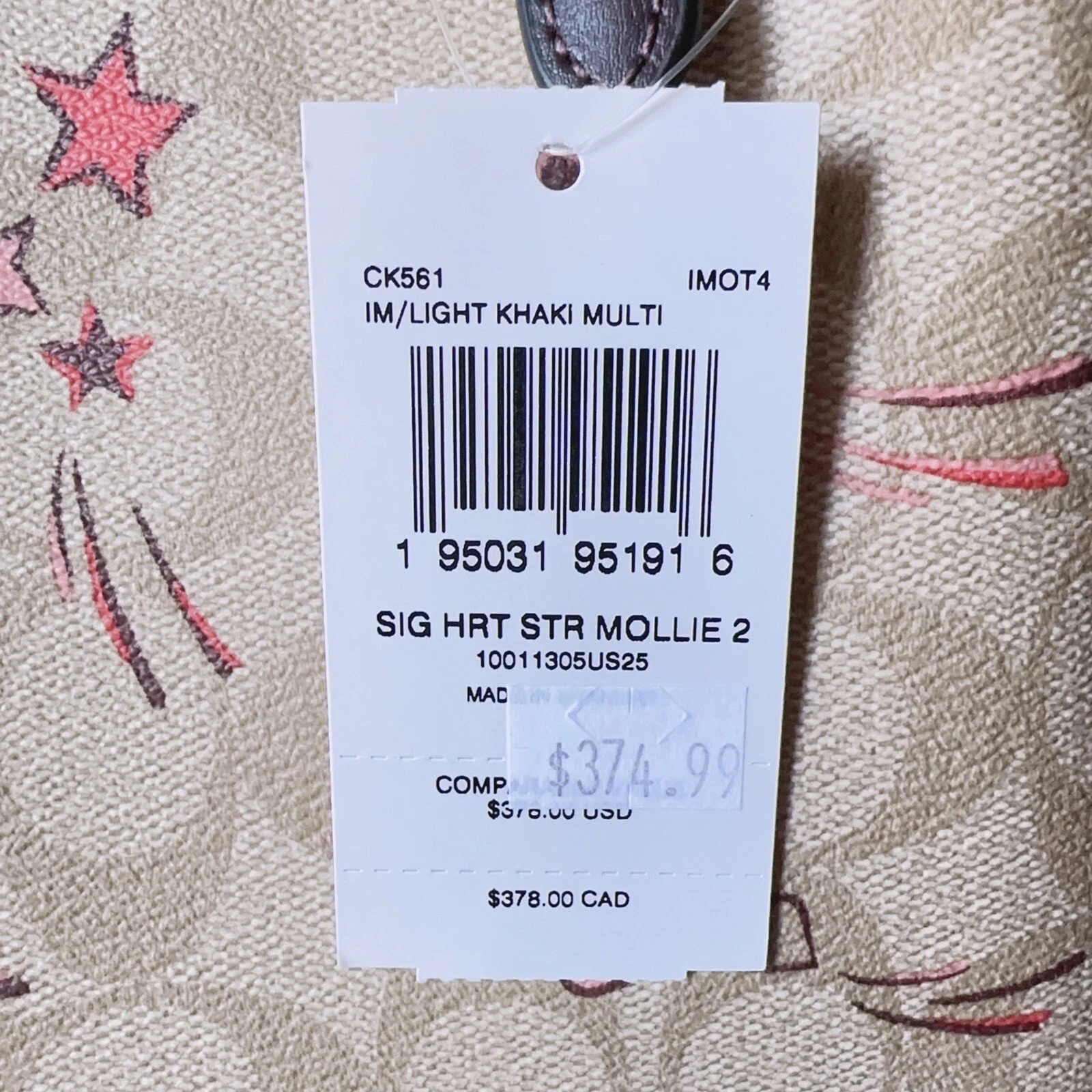 Borsa Coach Mollie 25 pollici nuova con etichette tela firmata con stampa cuore e stelle ck561