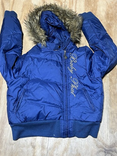Vintage Baby Phat Puffer Down Jacket Fur Hood Blue Women Large Y2K Cat @Jrack - Picture 9 of 10