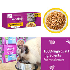 120 x 85g Whiskas 1+ Poultry Feasts Mixed Adult Wet Cat Food Pouches in Jelly
