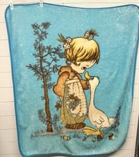Vintage Precious Moments Nursery Blanket Square Blue Preowned