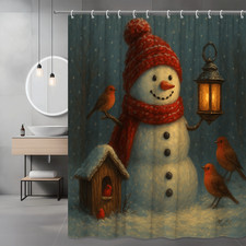 Snowman Christmas Shower Curtain with Birds and Lantern, Winter Decor