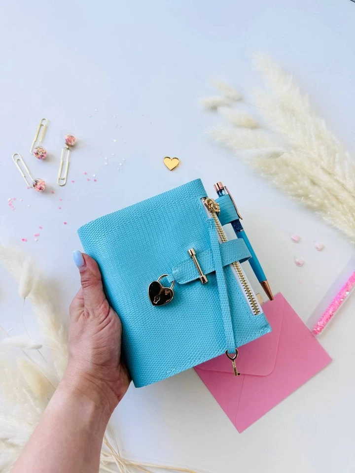 Sky-Blue leather notebook cover A7,  2 big rings mini wallet planner. - Image 4 of 4