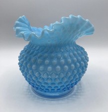 Vintage Fenton Art Glass Blue Opalescent Hobnail Vase Crimped Ruffled Edge 5.5  