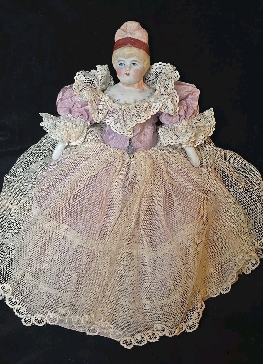 Antique Parian China Head Shoulder Plate Doll, Molded Bonnet Silk