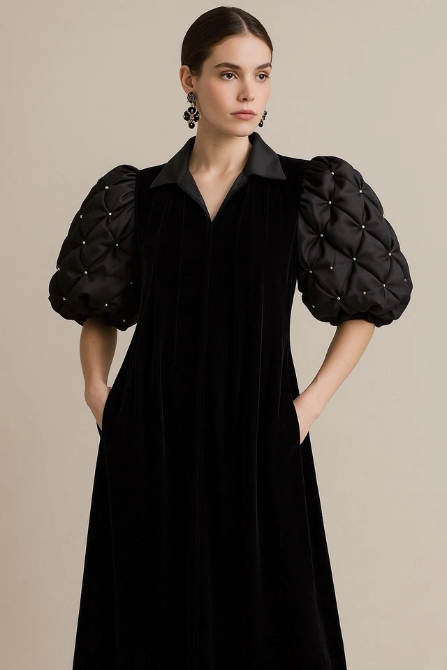 Maxi Vestido De Colección David Brown X Saks Terciopelo Negro Satén Mangas Abullonadas L EE. UU. Opera Foto 2 de 4