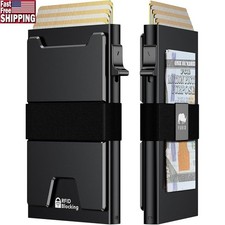Slim Minimalist Metal Wallet RFID Blocking Card Holder W/ Cash Strap Men