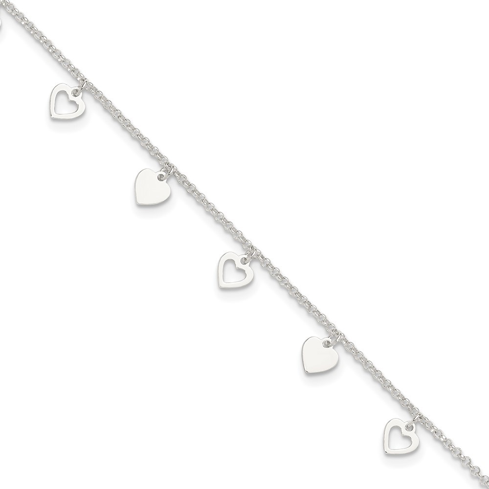 Sterling Silver Polished Hearts Anklet 10