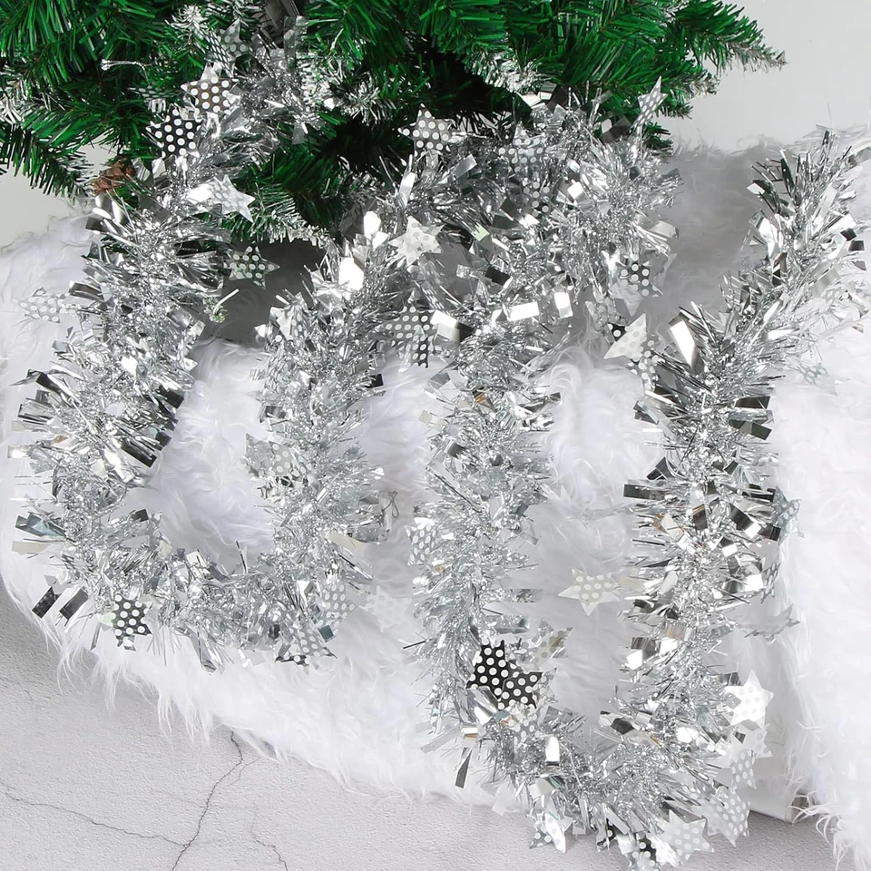 Ghirlanda Argento per Albero Di Natale, Tinsel 8M, Festoni Natalizi, Decorazioni - Immagine 4 di 4
