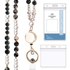 Natural Stone Beaded Teacher Lanyard with ID Holder - Retractable  Breakaway...
