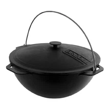 15L Cast Iron Cauldron Kazan with Lid 15.7" Deep Wok Pan Outdoor Cooking