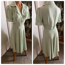 VTG 40s STYLE THE YOUNG EDWARDIAN PRIVATE COLLECTION GREEN W/ PIPING  DRESS SZ S