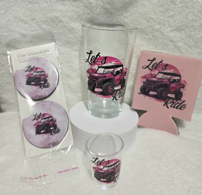 Let's Ride! Atv Gift Set. Pint Glass, Shot Glass, Can Coolers, Car Coasters Pink