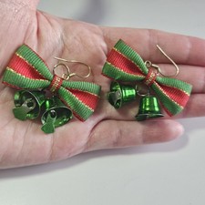 Green Christmas Jingle Bell Dangling Earrings With Red And Green Bow