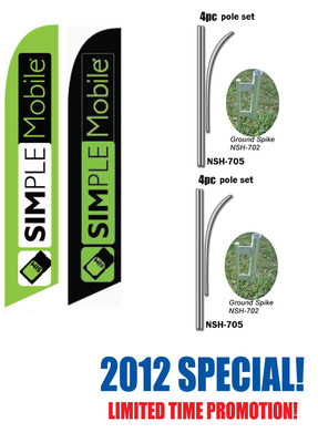TWO ''Simple Mobile'' Feather Banner Flag Sets - POLE SETS INCLUDED w/ spikes
