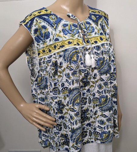Lucky Brand Blue yellow Print Tassel Tie Sleeveless Blouse Size XL New - Picture 2 of 6