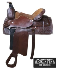 SADDLE 16" Western Roper Style Argentina Cow Leather Basketweave & Floral Tooled