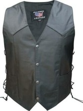 Mens Black Leather Basic Side Laced Motorcycle Vest with USA Flag