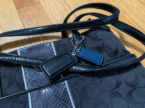 COACH Signature "C" Python Stripe Purse Tote Black Gray Leather - Picture 2 of 7