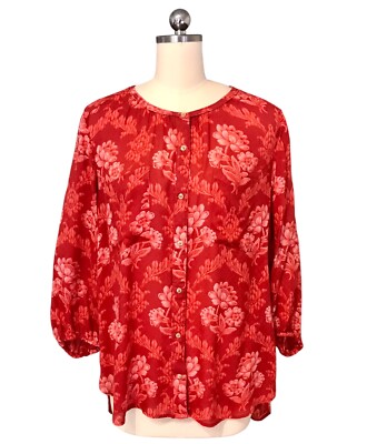 ANTHROPOLOGIE Akemi + Kin Peasant Top Orange Floral Cottagecore Women s Sz XL