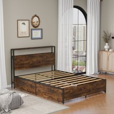 Doulbe/King Size Bed Frame with Storage Headboard, 4 Drawers Platform Slats Bed