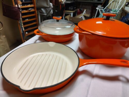 Rachel Ray Set 3 Enamel Orange Cast Iron Pieces Dutch Oven, Frying Pan, sauce...