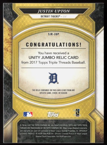 2017 Topps Triple Threads Single Jumbo Unity Relics Emerald Justin Upton 12/18 - Afbeelding 2 van 2
