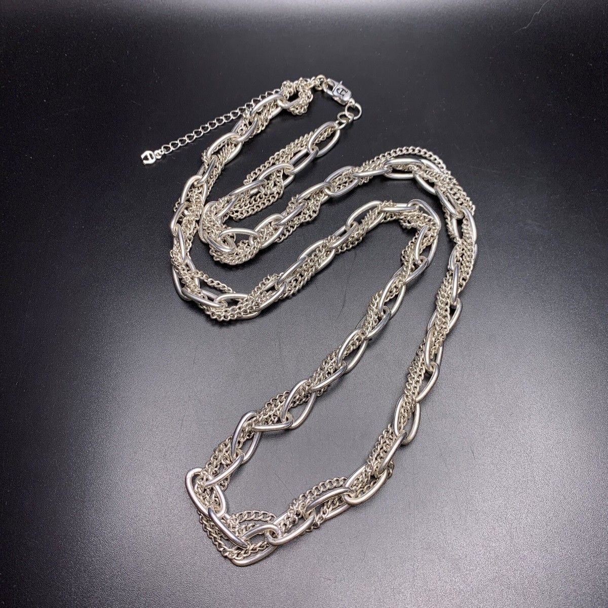 Etienne Aigner Long Link Chain Necklace Silver Tone Woven Multi