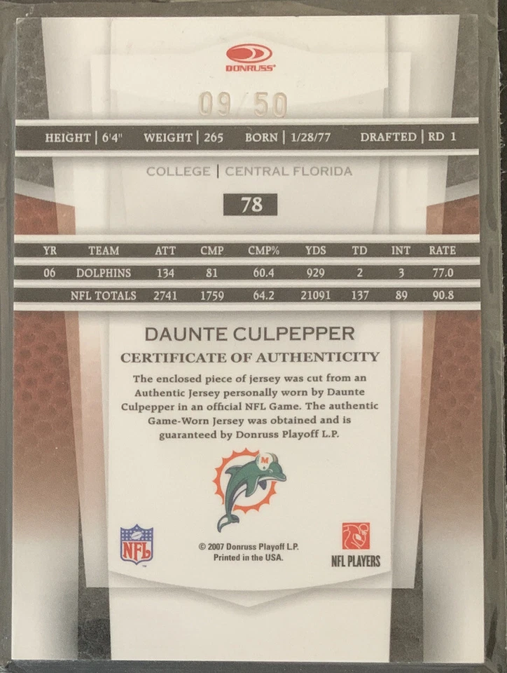2007 Leaf Certified Materials Mirror Blue #78 Daunte Culpepper #9/50 Error No / - Image 2 of 3