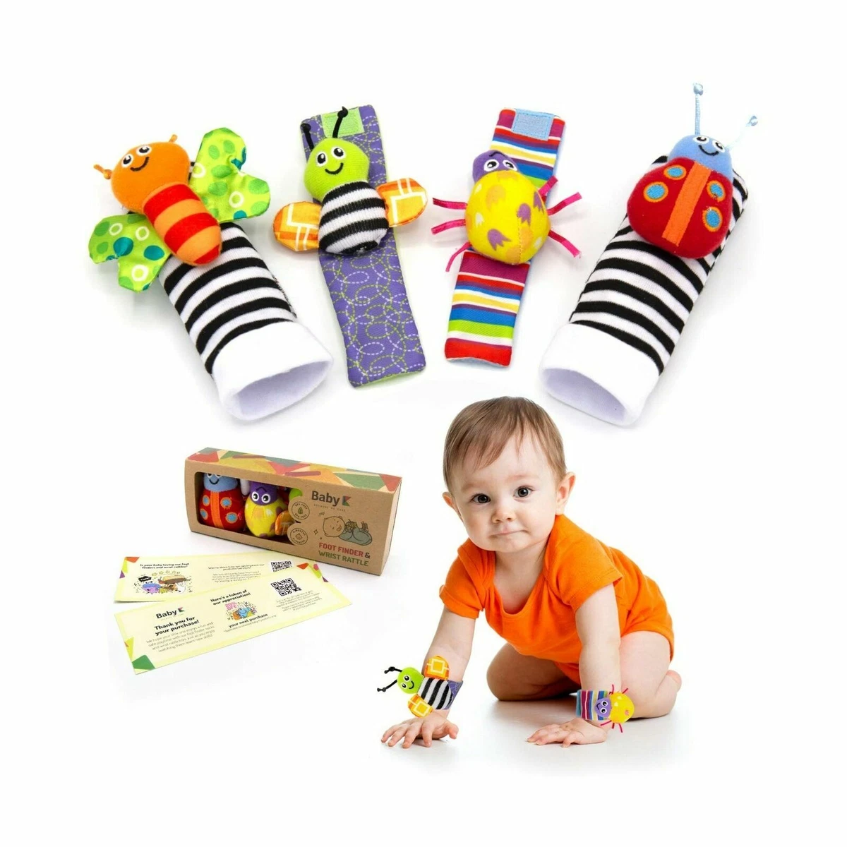 BABY K Baby Socks Toys Wrist Rattles and Foot Finders Multicolor 4 pack  CRITTER