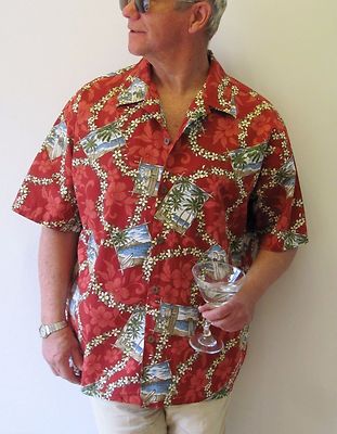 Hawaiian Aloha Shirt Howie Deep Red Blue Green Palm Tree Made in Hawaii Men's XL