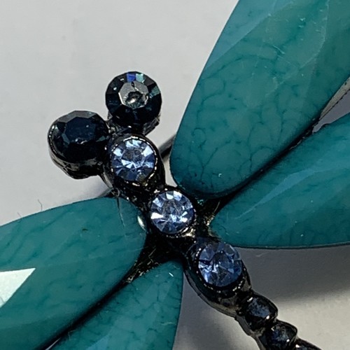 VINTAGE Lucite RHINESTONE DRAGONFLY PIN Teal Blue Black 3" - Picture 5 of 8
