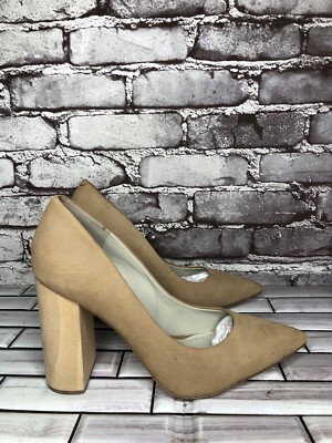 1 State Valencia Beige Leather Wood Block Pointed Toe Pumps Heels Women Sz 8M US