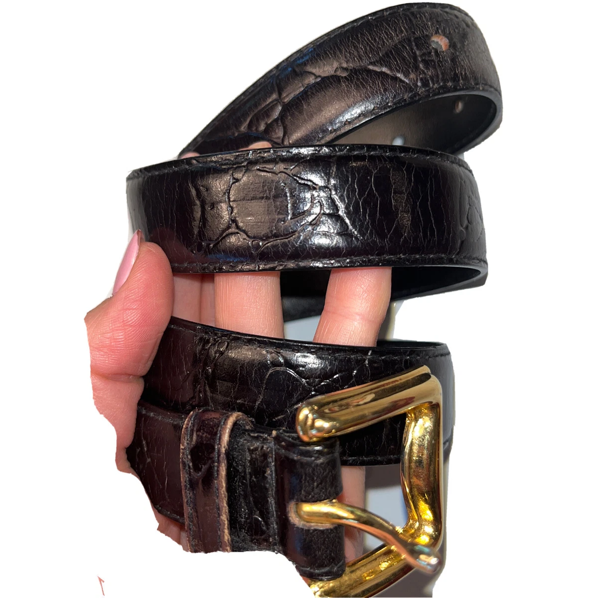 Vintage M Black Leather 1 Wide Belt Shiny Gold Buckle 28 32