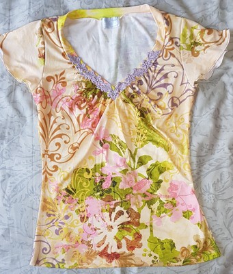 Bleu Clair Claire Pettibone Floral Loungewear Pajama Top Size Medium Made in USA